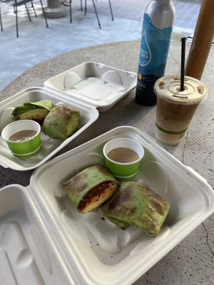 Soyrizo burrito and iced vanilla soy latte  at Sip Honolulu in Honolulu