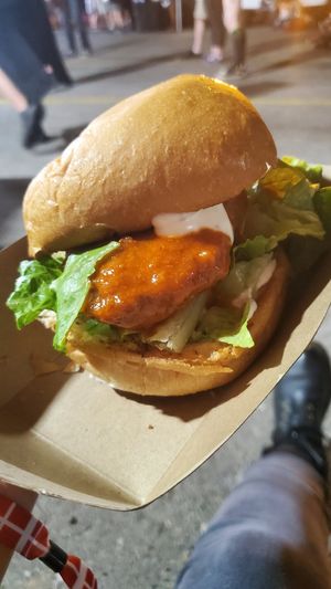 Super saucy Buffalo chicken burger 💖 at Garden Grill in Las Vegas