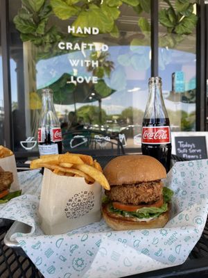 Chicken sandwich with fries in their outdoor seating   at Garden Grill in Las Vegas