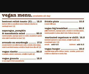 Vegan menu at The Balcony in Townsville