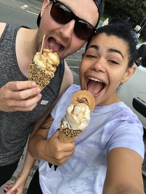 Lotus biscuit and vanilla on a waffle cone with caramel sauce. Vegan bliss for a post gym workout naughty one off. at Fredericks in Chorley