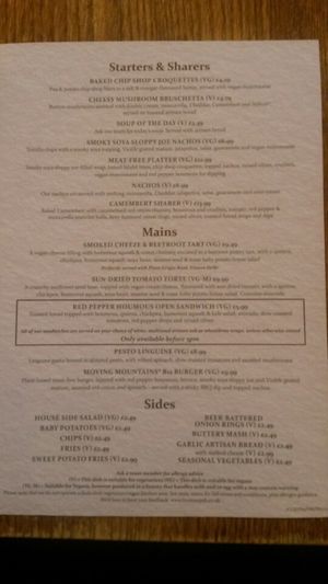 Vegan menu at Grey Horse Inn in East Boldon