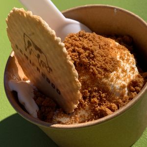 Lemon Frozen Dessert w/ Shortbread Topping from "SemiFreddo" at the People's Plant-Based Party at Kalamazoo Farmers Market on 10/6/24, sponsored by PFC & Vegan Kalamazoo at Vegan Kalamazoo in Kalamazoo