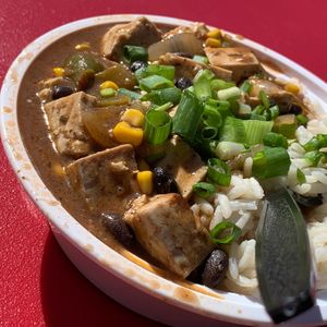 Jerk Tofu w/Rice from "Water & Wheat x Nola Roux" at the People's Plant-Based Party at Kalamazoo Farmers Market on 10/6/24, sponsored by PFC & Vegan Kalamazoo at Vegan Kalamazoo in Kalamazoo