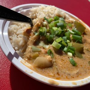 Wild Mushroom Etouffee w/Rice from "Water & Wheat x Nola Roux" at the People's Plant-Based Party at Kalamazoo Farmers Market on 10/6/24, sponsored by PFC & Vegan Kalamazoo at Vegan Kalamazoo in Kalamazoo