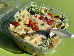 Chik'n Caesar Pasta Salad from "Cheeze & Thank You" at the People's Plant-Based Party at Kalamazoo Farmers Market on 10/6/24, sponsored by PFC & Vegan Kalamazoo at Vegan Kalamazoo in Kalamazoo