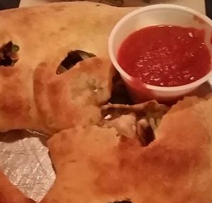 Vegan Calzone w/ green pepper,mushrooms and onion. Yum Yum at Mellow Mushroom in Winston-salem