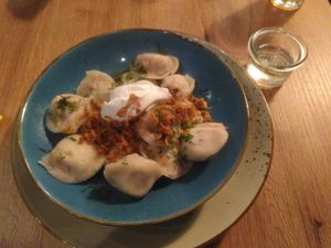 Ukrainian Pilmeni with Smetana (sour cream) and vinegar at Doppeltsolecker in Dortmund