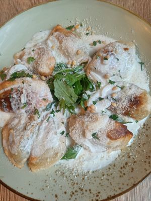 Dumplings in vegan parmesan sauce at Doppeltsolecker in Dortmund