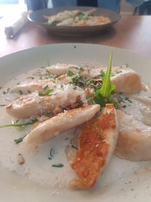 Ukrainische Teigtaschen mit 'Frischkäse und Parmesan' mit Pinienkernen at Doppeltsolecker in Dortmund