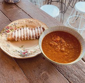 Soup of the day and a vegan cheeze toastie at Mr Booch in Mangerton