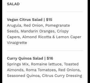 Vegan menu - salads at Angry Otter Tap & Forno in North Vancouver