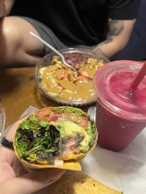 vegan black bean wrap, pb&j açaí (they forgot the jelly topping), make my heart beat smoothie.   at Healthy Kitchen 33 in Naranja