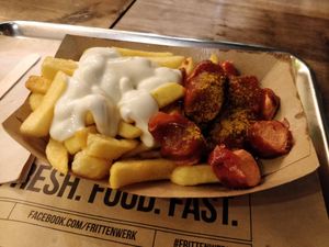 Vegan "currywurst" with fries and vegan mayo. at Frittenwerk - Holzgraben in Aachen