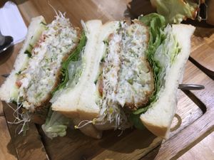 Veggie and dried bean curd croquette sandwich with tartar sauce (半半酥菜胖 + 塔塔醬) at Vegan Daily 半半食室 - BànBan Shí Shì in Taichung