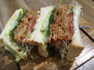 Deep-fried tofu skin sandwich with BBQ sauce and added vegan cheese (半半脆豆胖 + 燒烤醬 + vegan cheese) at Vegan Daily 半半食室 - BànBan Shí Shì in Taichung