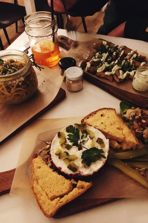 Beetroot tatar, carbonara, sweetpotato gnocchis  at Tez Mozna in Poznan