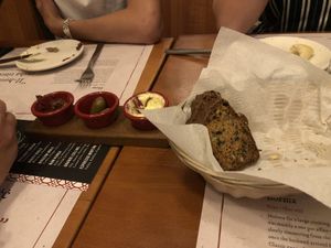 Lovely heavy homemade bread and olive tapenade (vegan) at Maldonado Bistro in Ir-rabat Ghawdex