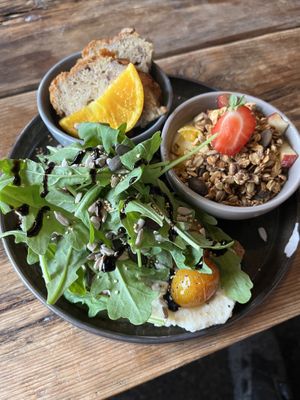 Vegan breakfast trio (banana bread, granola with soy yoghurt, bread with spread)  at MORGÆN in Wilhelmshaven