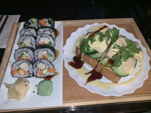 Carrot pate sushi left, banh mi toast right  at Nam Sen Teahouse in Bisbee