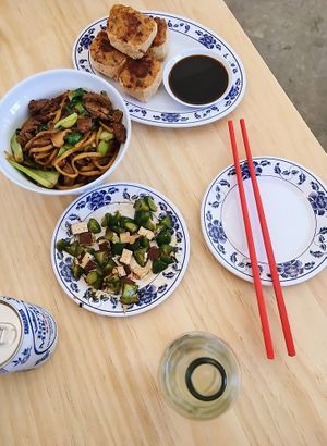 Chilled Tofu and Cucumber Salad, Fried Tofu Fishcakes, Stir Fried Noodles at Woon in Los Angeles