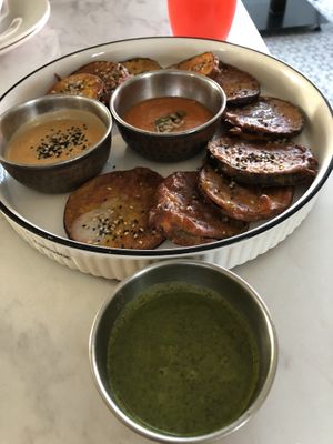 Aubergine and courgette starter   at Indian Box in Santiago