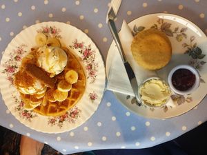 Biscoff waffels and scone with clotted cream at Cafe Cloud in Newquay