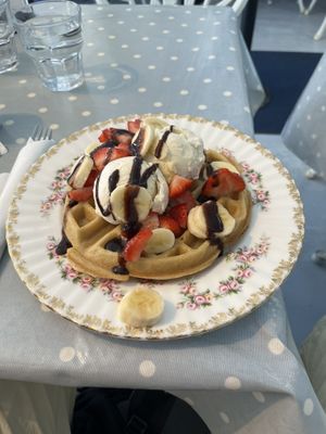Waffle with ice cream and chocolate topping   at Cafe Cloud in Newquay