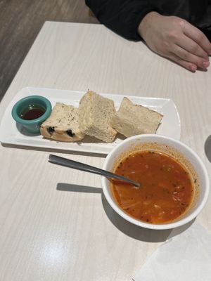 Tomato vegetable soup and focaccia bread. Very tasty!  at CheerSu 草蔬宴 - Cǎo Shū Yàn in Taipei
