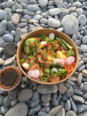 Set option- vegan poke bowl. Rice, avocado, cucumber, radish,pineapple, onions and their soy sauce. Takeaway by the beach 🙂 at Poké Lov. in Nice