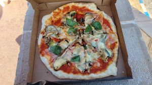 Vegan pizza Vegetalien with vegan cheese, aubergine, courgette, artichoke, tomato, mushrooms, basil at Da Francesco in Nice