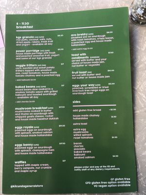 Breakfast menu at Kilcunda General Store in Kilcunda