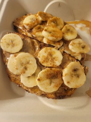 Banana almond butter toast, good sized portion - ask for no honey at Fairweather Natural Foods in Park City