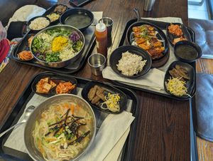 Vegetable mix rice, spicy tofu steaks, and vegetable noodle at HJ Farm/Hajun Farm in Suwanee