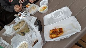 Covid 19 to go meal - tofu steak and dumpling soup. at HJ Farm/Hajun Farm in Suwanee