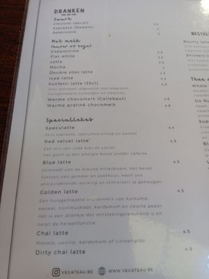 Coffee and specialty menu at Vegateau - Vegan Coffeebar and Bakery in Antwerpen