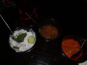 Vegan dips that came with each curry along with pompadoms at The Highwayman Inn in Okehampton