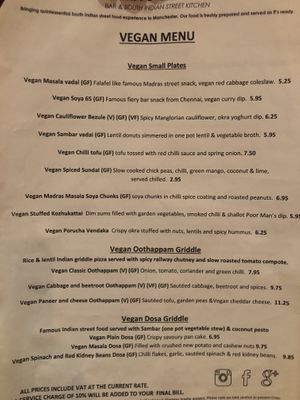  Vegan menu and what I ordered  at Amma's Canteen in Manchester