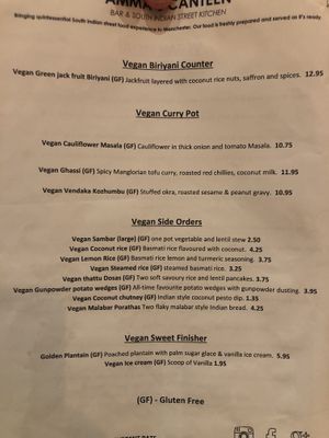Menu  at Amma's Canteen in Manchester