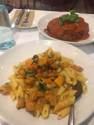 Vegan pumpkin and sage penne, and vegan lasagna  at Caruso's in Gymea