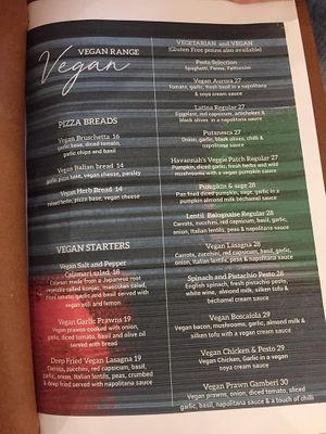 Vegan menu (pizza breads, starters and pasta) at Caruso's in Gymea