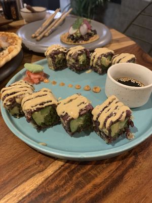 The best sushi we have ever had! Okra, avocado and cucumber   at Greenr Cafe in New Delhi