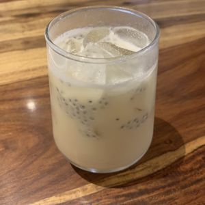 Passion fruit iced latte with coconut milk  at Greenr Cafe in New Delhi