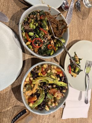 Soba bowl; and black bean bowl. Both very goodd  at Greenr Cafe in New Delhi
