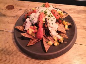 Nachos with vegan cheese at Greenr Cafe in New Delhi