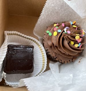 Chocolate truffle brownie and vanilla cupcake with fudge frosting   at Rheinlander Bakery in Arvada