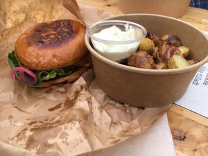 Classic burger and potatoes   at Plant Food in Aarhus