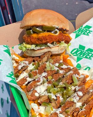 Flamin Hot Cluck Burger & Fries at Oowee - Picton in Bristol