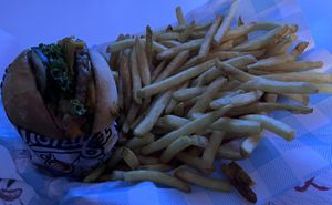 This was the double cheeseburger, a side of fries, and there was a cola and haberno sauce as well  at Monty's Good Burger - Echo Park in Los Angeles