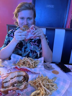 Non vegan loving the vegan food  at Monty's Good Burger - Echo Park in Los Angeles